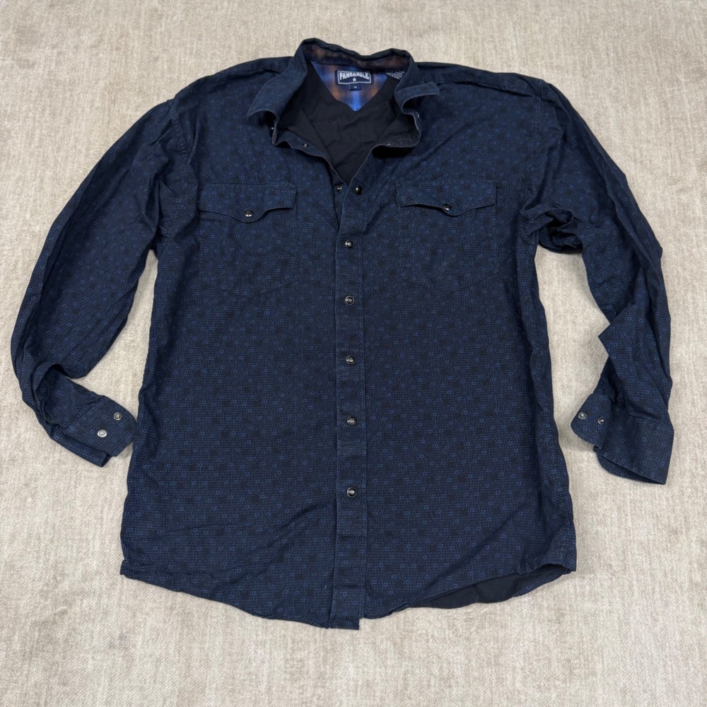 Panhandle‎ Slim Mens Navy Blue Geometric Snap Western Shirt 36R3078 Medium